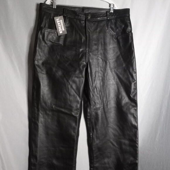 Xelement Men's Heavy Leather Bikers Black Raw Hem Straight Leg Pants Size 42 NWT